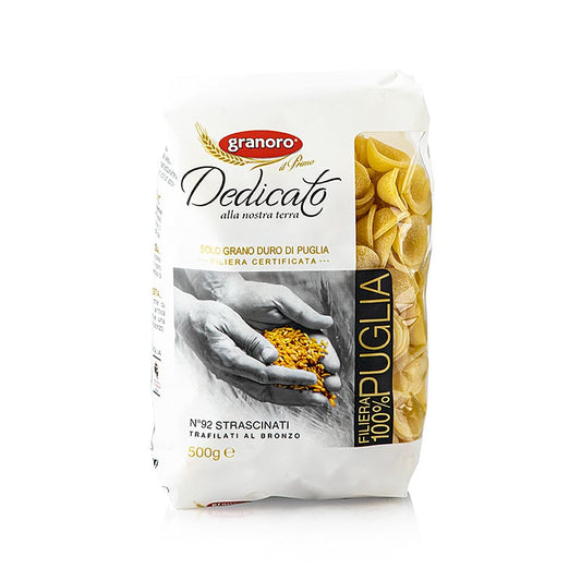 Pasta Granoro Dedicato - Strascinati, grosse Orecchiette, Nr 92, 500 g, hergestellt aus 100% apulischem Weizen und mit Bronze-Matritzen, um die Produkte aus Apulien aufzuwerten und eine direkte Verbindung zwischen Landwirten und Verbrauchern zu schaffen