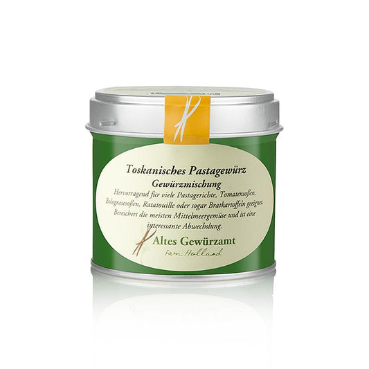  Eine Mischung aus Knoblauch, Pfeffer, Basilikum, Paprika, Selleriesaat, Oregano, Koriander, Fenchelsaat, Myrte, Chilis, Sternanis, Lorbeer, Thymian und Rosmarin in einer 75g-Packung namens Pastagewürz toskanisch, Altes Gewürzamt Ideal für Pastagerichte, Tomatensaucen, Ratatouille und Bratkartoffeln