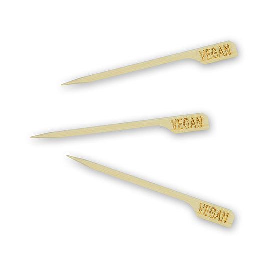 Vegane Bambus-Spieße mit 9 cm Länge und Blattende, beschriftet mit Vegan