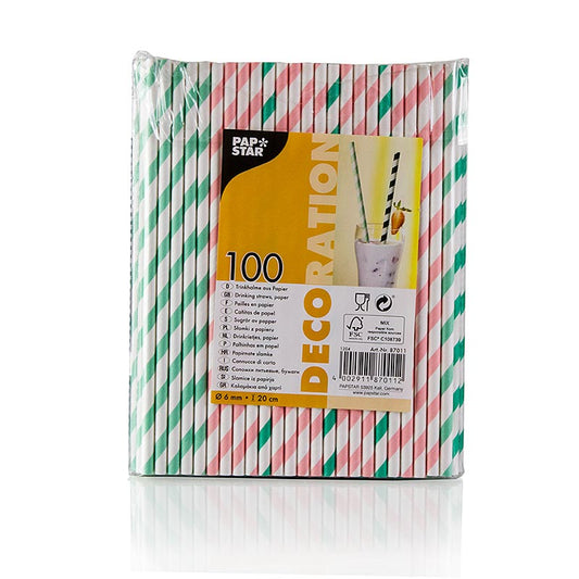 Einweg Papier Trinkhalme Streifen, 4 Farben, 20cm, 100 St, umweltfreundliche, nachhaltige Trinkhalme aus nachwachsenden Rohstoffen, temperaturbeständig bis maximal 23 °C 60 Minuten