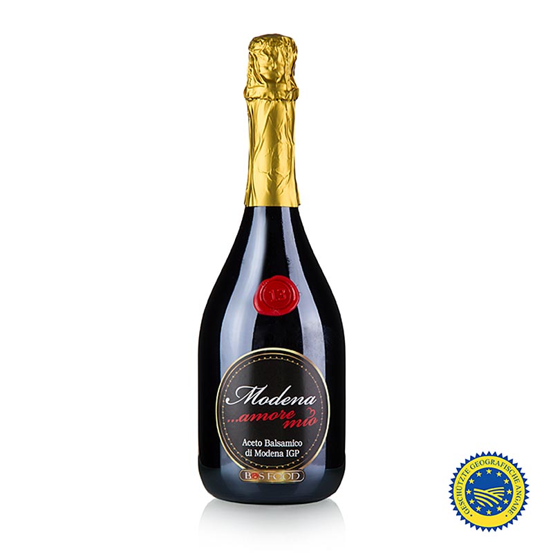 Aceto Balsamico aus Modena IGP/ggA Amore Mio, 13 Jahre, min 6% Säure, 750 ml - Bild eines außergewöhnlichen und hervorragenden Aceto Balsamico, der durch seine besondere Dichte und Sämigkeit besticht, in einer einzigartigen bottiglia champagnotta präsentiert