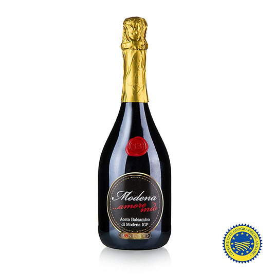 Aceto Balsamico aus Modena IGP/ggA Amore Mio, 13 Jahre, min 6% Säure, 750 ml - Bild eines außergewöhnlichen und hervorragenden Aceto Balsamico, der durch seine besondere Dichte und Sämigkeit besticht, in einer einzigartigen bottiglia champagnotta präsentiert