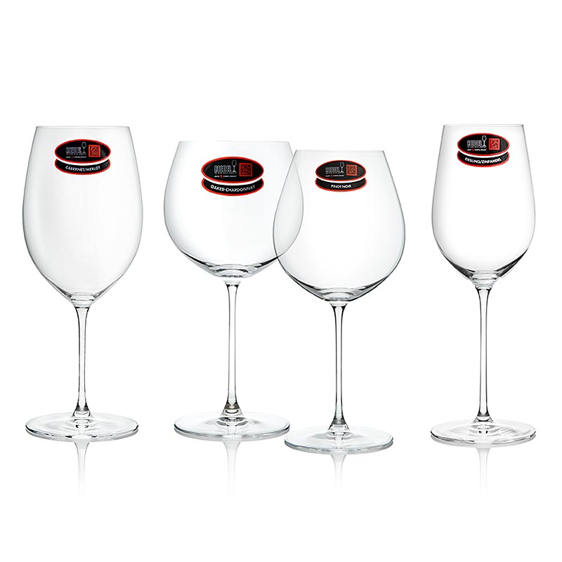 Riedel Veritas Glas - Verkostungs Set 2x Weiß & Rot (5449/47), im Geschenkkarton, 4 St - Riedel Veritas Verkostungsset mit 4 ultraleichten Weingläsern: Cabernet/Merlot, Old World Pinot Noir, Riesling/Zinfandel und Oaked Chardonnay, maschinell gefertigt, spülmaschinenfest, für anspruchsvolle Rotweinliebhaber