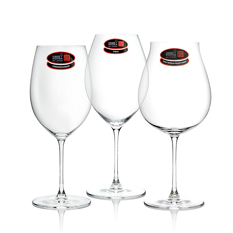 Riedel Veritas Glas - Verkostung Set Rotwein (5449/74), im Geschenkkarton, 3 St - Anordnung von 3 Riedel Veritas Rotweingläsern: Cabernet/Merlot, New World Pinot Noir/Nebbiolo/Rosé Champagne und Old World Syrah, präsentiert in einem Geschenkkarton Ideal für anspruchsvolle Rotweinliebhaber, spülmaschinenfest und basierend auf der DNA von Rebsorten