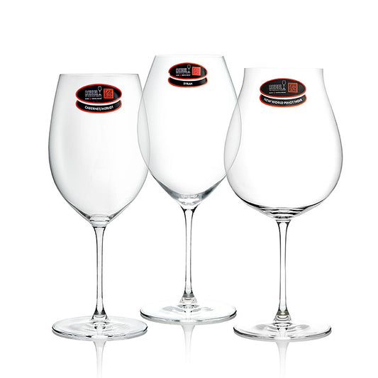 Riedel Veritas Glas - Verkostung Set Rotwein (5449/74), im Geschenkkarton, 3 St - Anordnung von 3 Riedel Veritas Rotweingläsern: Cabernet/Merlot, New World Pinot Noir/Nebbiolo/Rosé Champagne und Old World Syrah, präsentiert in einem Geschenkkarton Ideal für anspruchsvolle Rotweinliebhaber, spülmaschinenfest und basierend auf der DNA von Rebsorten
