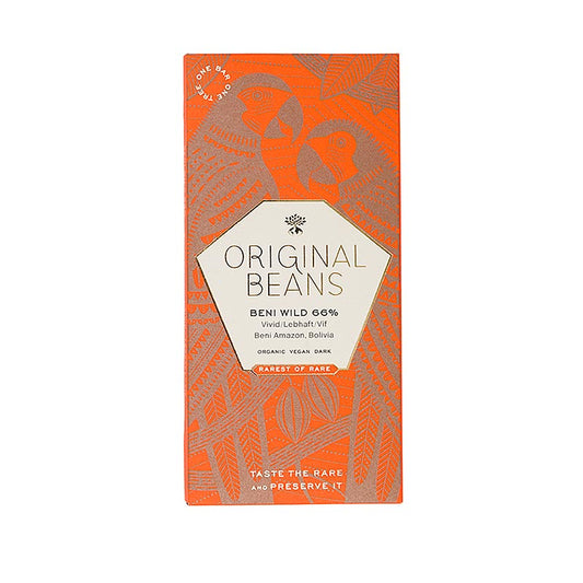 Beni Wild Harvest Bolivien, 66% Bitter Schokoladentafel 70g, Original Beans, BIO, 70 g - Dunkle Schokolade aus handgepflücktem Wildkakao mit delikaten Noten von Blumen, Honig, Aprikose und Jasmintee, hergestellt durch Original Beans mit direktem Handel und Naturschutzprojekten