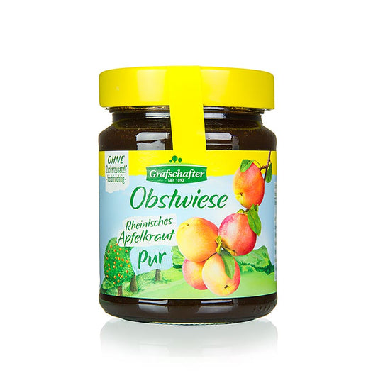 Ein Glas Grafschafter Obstwiese Apfelkraut (Apfelkraut) 320 g, eine rheinische Spezialität für Brot ohne Zuckerzusatz, ideal für die Verfeinerung von Fleischfüllungen, Marinaden und Soßen