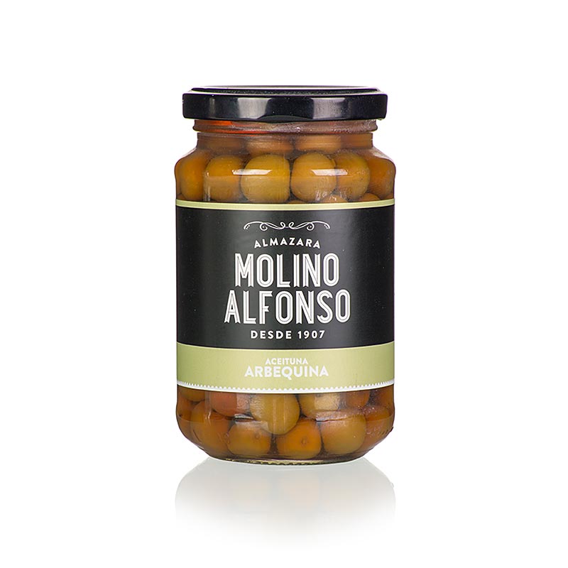 Kleine, grüne Arbequina-Oliven in Lake, Molino Alfonso, 355 g, hocharomatischer Geschmack