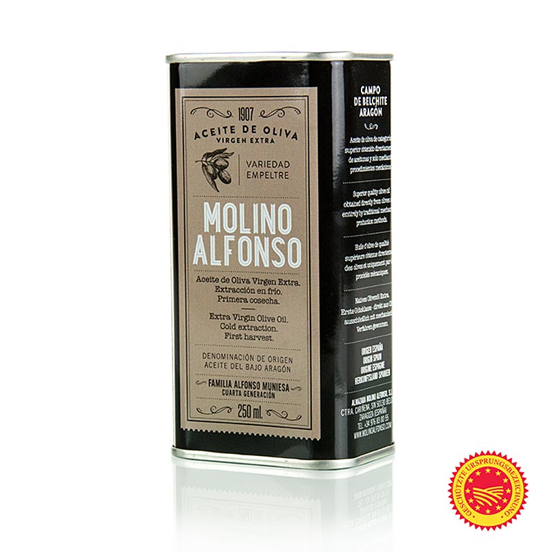 Natives Olivenöl Extra, Molino Alfonso Bajo Aragon DOP/gU, 100% Empeltre, 250 ml: Flasche Olivenöl aus erster Ernte mit golden tendierender Farbe und betont grasigen Noten, hergestellt von Molino Alfonso in der Region Aragón