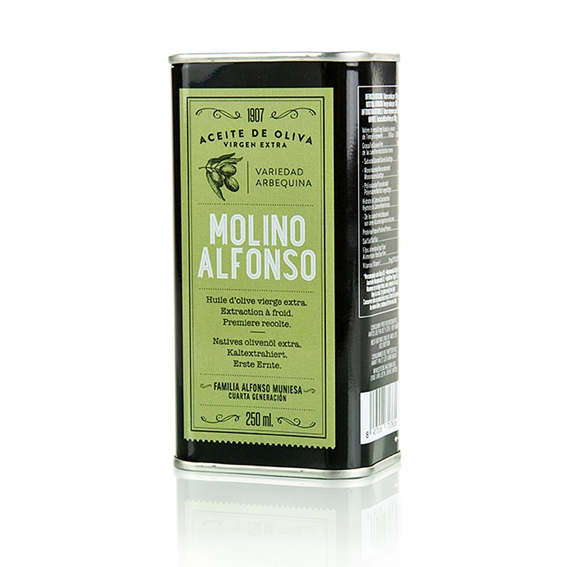 Natives Olivenöl Extra, Molino Alfonso, Arbequina, Spanien, 250 ml - Intensives grüngrasiges, tomatiges Fruchtaroma mit Düften nach Bananen und getrocknetem Obst, hergestellt in Aragón, mehrfach preisgekrönt und aus Oliven erster Ernte