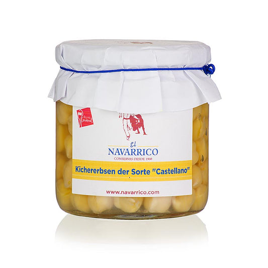 Kichererbsen Castellano, in Lake, Navarrico, 325 g - Große, zarte Kichererbsen mit dünner, weicher Haut, verzehrfertig abgefüllt Geeignet zum Erwärmen oder als Salatzutat Größe 1,5 - 2 cm Durchmesser