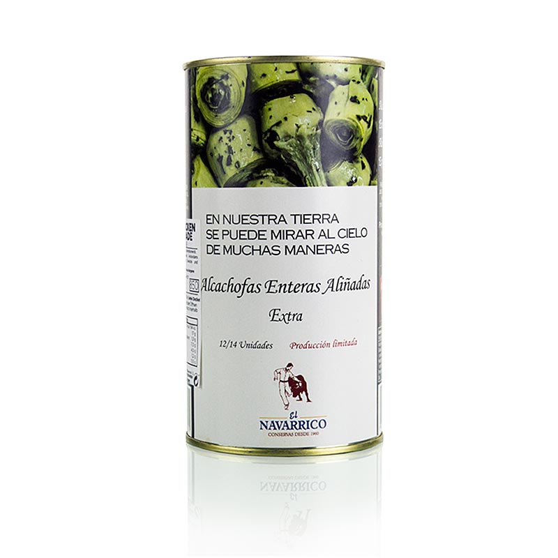 Marinierte Artischocken von Navarrico, perfekt als Tapas, mit Öl, Essig, Kräutern und Gewürzen mariniert, von äußeren Blättern befreit, rund geschnitten, mit Stielansatz