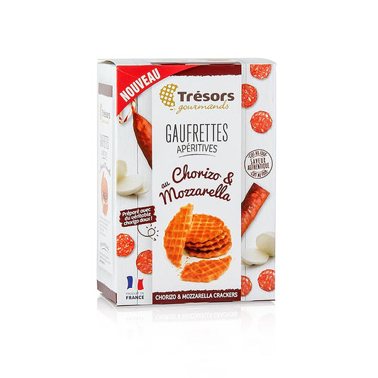 French: Image illustrant les délicieuses gaufrettes françaises mini-waffeln avec chorizo et mozzarella de 60g de Barsnack Trésors