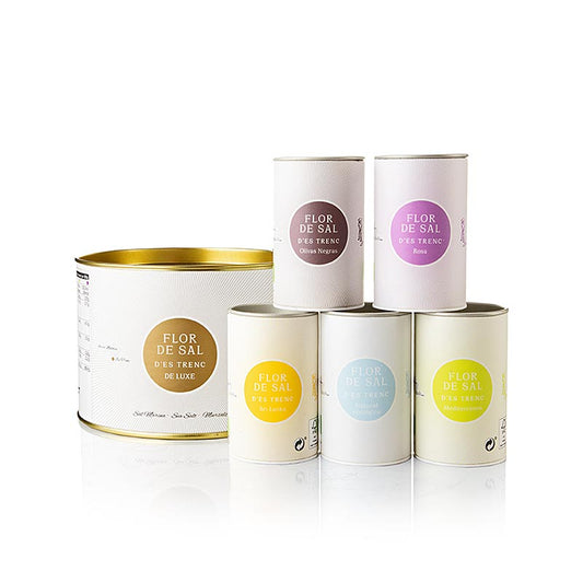 Flor de Sal d'es Trenc - Deluxe Set (Curry, Rose, Oliven, Kräuter, pur), BIO, 250 g, 5 x 50g: Luxuriöses Set aus 5 Bio-Meersalzsorten, hergestellt an den unberührten Küsten Mallorcas, perfekt als Geschenk oder zur Bereicherung Ihrer eigenen Küche