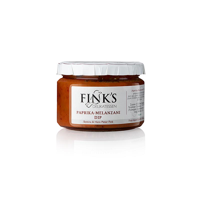 Paprika-Melanzani (Auberginen) Dip von Fink's Delikatessen - 220g Genieße die leckeren Auberginen pur aus dem Glas als Dip! Aber auch als Aufstrich, zu Fisch oder Gegrilltem oder warm zur Pasta ist er ein Genuss Lass dich von unserem leckeren Paprika-Melanzani Dip verwöhnen! - Bild zeigt das Produkt: Paprika-Melanzani (Auberginen) Dip von Fink's Delikatessen, 220 g