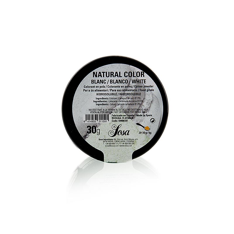 Lebensmittelfarbe Sosa Natürliches Puder Weiß 30g, hergestellt aus färbenden Pflanzenstoffen, von führendem spanischen Hersteller Sosa Ingredients SL, bekannt für Premium-Zutaten für Gastronomie und Konditorei