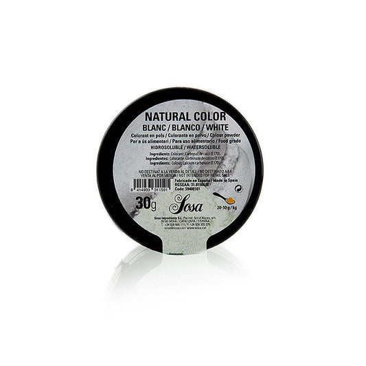 Lebensmittelfarbe Sosa Natürliches Puder Weiß 30g, hergestellt aus färbenden Pflanzenstoffen, von führendem spanischen Hersteller Sosa Ingredients SL, bekannt für Premium-Zutaten für Gastronomie und Konditorei