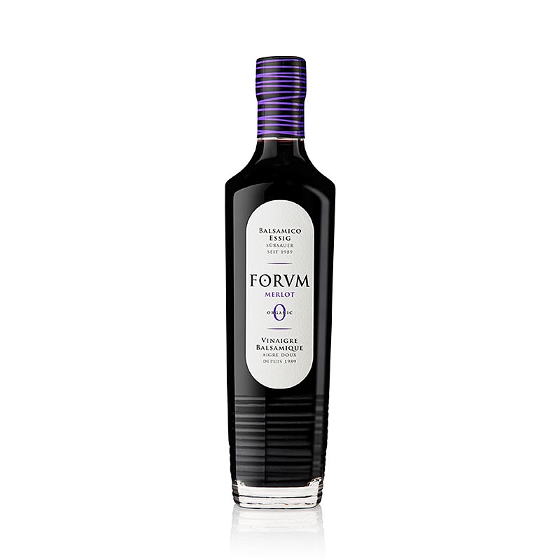Bild eines 500 ml BIO Merlot Balsamico Essigs mit 6,5% Säure von FORVM, einer bekannten spanischen Spezialität, die jugendlich fruchtig und ideal zu Fisch- und Fleischgerichten sowie in der kalten Küche passt