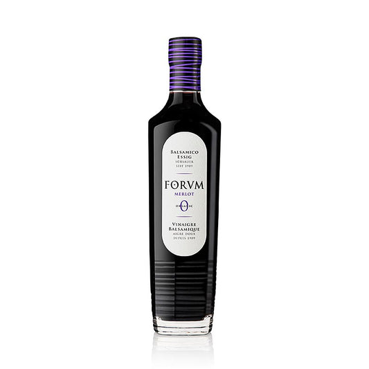 Bild eines 500 ml BIO Merlot Balsamico Essigs mit 6,5% Säure von FORVM, einer bekannten spanischen Spezialität, die jugendlich fruchtig und ideal zu Fisch- und Fleischgerichten sowie in der kalten Küche passt