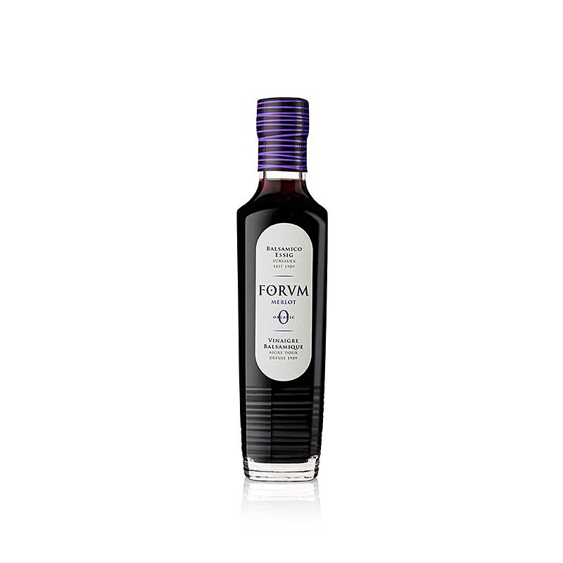 Bild einer Flasche FORVM Merlot Balsamico Essig, 6,5% Säure, BIO, 250 ml, einer limitierten spanischen Spezialität mit jugendlichem und ausgewogen fruchtigem Bouquet, bekannt in der gehobenen Gastronomie weltweit