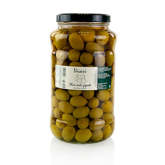 Grüne Oliven mit Kern in Lake, Gigante, von Viveri - eine mediterrane Delikatesse mit 20mm Durchmesser