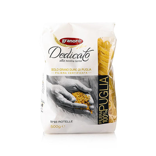 Pasta aus bestem Hartweizengrieß ohne Eier, hergestellt in Italien, Granoro Dedicato Linie, 100% apulischer Weizen, mit Bronze-Matritzen, gewidmet der apulischen Landwirtschaft und Tradition