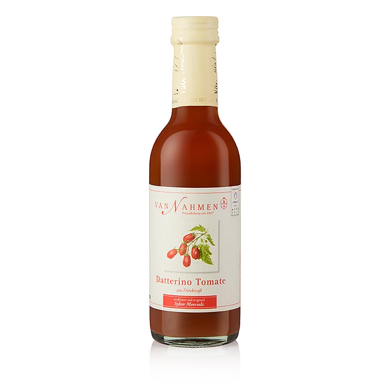 250 ml Van Nahmen - Datterino Tomatensaft, 100% Direktsaft, hergestellt aus den süßen, länglichen, tiefroten Datterino-Tomaten mit spannendem Aromaprofil und ohne Zusatzstoffe in der Mosterei und Privatkelterei van Nahmen im Rheinischen Hamminkeln