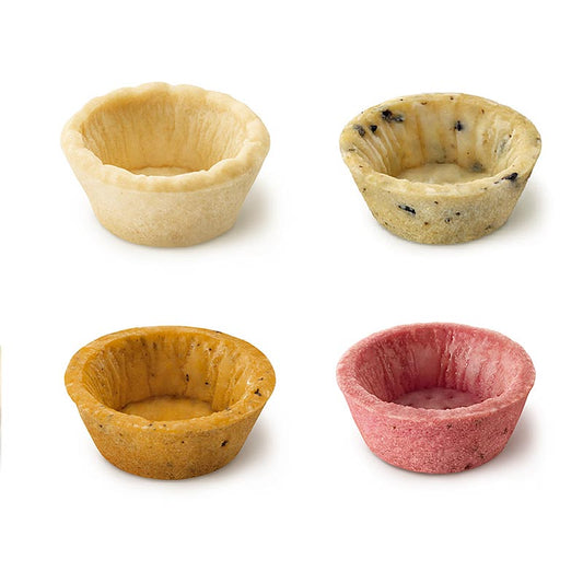 Mini Snack-Tartelettes Mischung mit 4 Sorten: Olive-Rosmarin, Tomate-Basilikum, Rote Bete-Paprika und Neutral, ideal für herzhafte Partysnacks