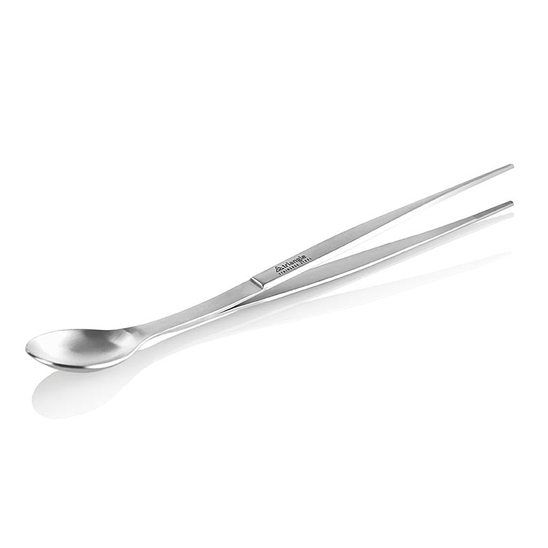 Probierlöffel mit Pinzette, Edelstahl, Triangle Tools, 1 St - Profi-Werkzeug zum Abschmecken, Probieren, Anrichten und Garnieren in der Sterneküche, 17 cm lang, fein geriffelte Fasse für sicheren Griff, aus Edelstahl, Abmessungen 17,0 x 1,0 x 2,5 cm