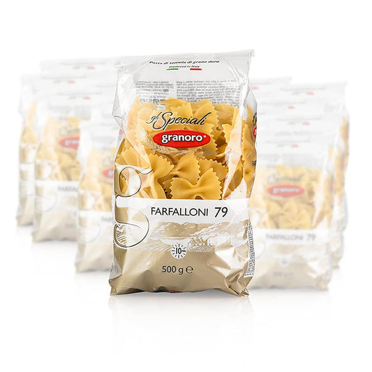 Granoro Dedicato - Farfalloni, Schleifen, No79, 10 kg, 20 x 500g - Italienische Nudeln aus bestem Hartweizengrieß, ohne Eier, ideal zu Nudelsaucen und Nudelsalat, Teil der Linie Dedicato alla nostra terra zur Förderung der apulischen Landwirtschaft und Erhalt der Tradition