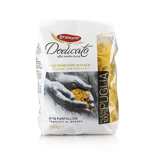 Granoro Dedicato - Farfalloni, Schleifen, No79, 500 g - Italienische Pasta aus Hartweizengrieß, ohne Eier, ideal für Nudelsaucen und Nudelsalat, gewidmet der apulischen Landwirtschaft und Tradition