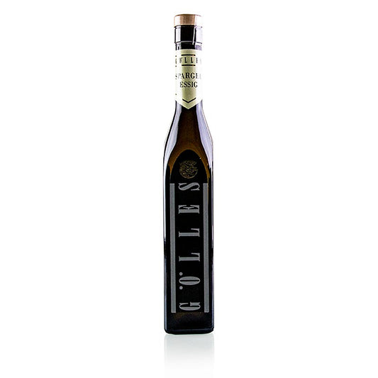 Flasche mit 250 ml Gölles Spargel Essig, 5% Säure, mit intensivem, fruchttypischem Geschmack, ideal für Spargel, Fisch, Gemüse und mediterrane Küche, harmoniert gut mit verschiedenen Ölsorten, auch als 5 Liter Bag in Box erhältlich, Artikel 52038