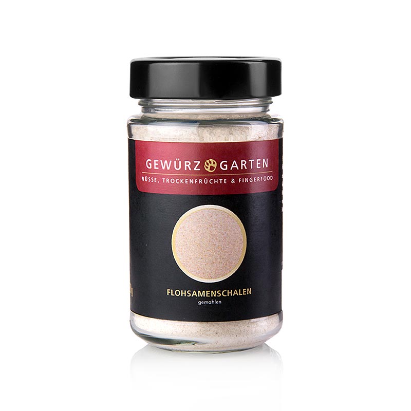 Gemahlene Flohsamenschalen von Gewürzgarten, 150 g, sind bei Kontakt mit Wasser gelierfähig und werden in der vegetarischen und veganen Küche sowie in Backwaren und Smoothies verwendet