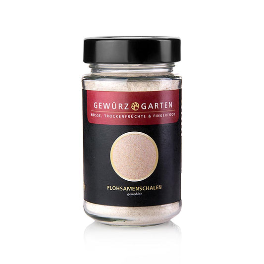 Gemahlene Flohsamenschalen von Gewürzgarten, 150 g, sind bei Kontakt mit Wasser gelierfähig und werden in der vegetarischen und veganen Küche sowie in Backwaren und Smoothies verwendet