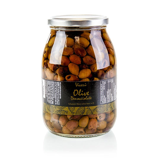 Schwarze entsteinte Leccino Oliven in nativem Olivenöl und Weinessig eingelegt, 950 g