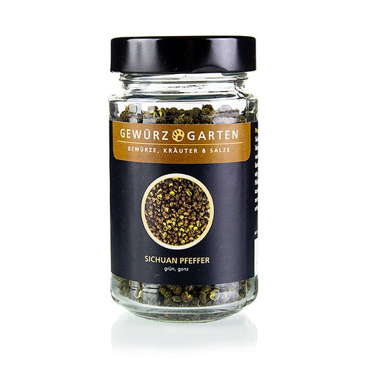 Gewürzgarten Sichuan Pfeffer, grün, handverlesen - 50 g - Beschreibung: Sichuan Pfeffer mit zitronenartigem und holzigem Aroma, gewonnen aus der roten Pfefferbeere, getrocknet und leicht geröstet, verwendet meist die Fruchtwände/Schalen