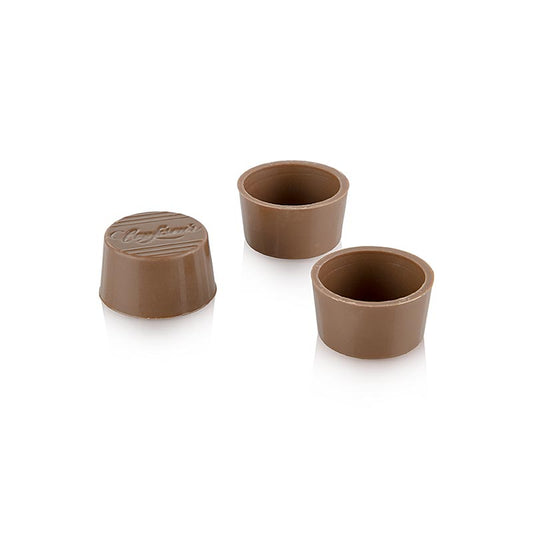 Alt text: Pralinen Halb-Schalen, rund, Vollmilch, ø 30/25x16mm, Läderach, 2,016 kg, 672 St - köstliche Vollmilchschokolade in runden Halbschalenformen, verpackt in einer 2,016 kg Schachtel mit insgesamt 672 Stück, hergestellt von Läderach