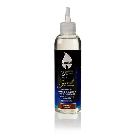 Produktbild von Secret de Flambage Karamell, Flambiergel, Cookal, 200 ml - ein vielseitiges Gelee mit hohem Alkoholgehalt, das parfümiert, Flambiert und Gerichte am Tisch zubereitet