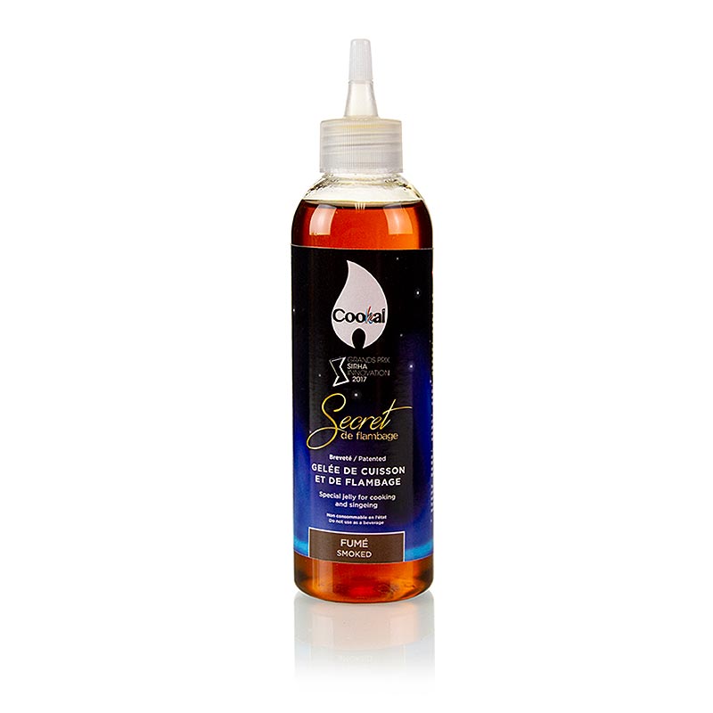 Flasche von Secret de Flambage Fume (Rauch), Flambiergel, Cookal, 200 ml, ein Gelee pflanzlichen Ursprungs mit hohem Alkoholgehalt, vielseitig einsetzbar für das Parfümieren von Gerichten und einen Showeffekt beim Flambieren, ohne Alkohol- und Rauchrückstände, einfach und präzise dosierbar, ermöglicht das Flambieren von Gerichten am Tisch oder auf dem Teller, sowie das Schmelzen von Käse oder das Garen von Fleisch