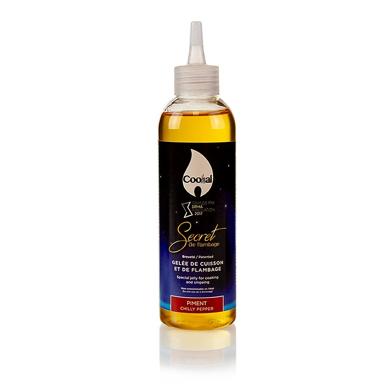200ml bottle of Secret de Flambage Piment (Chili) Flambiergel by Cookal, a fiery and flavorful cooking gel for adding a spicy kick to your dishes