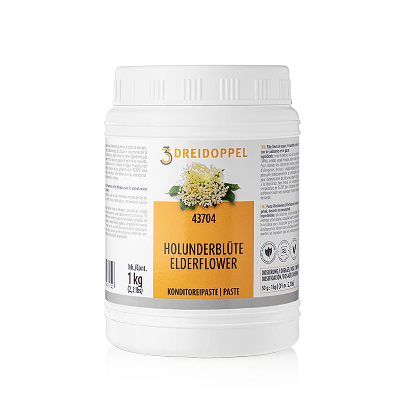 Holunderblütenpaste-Paste, Dreidoppel, No437, 1 kg - Zum Aromatisieren von Cremes, Sahne, Eis, Desserts, Pralinen, Kuchen, Quark und Gebäcken geeignet Enthält Aromaextrakte, natürliche Aromastoffe, Weißweinpulver, Kaffeeextrakt, Karamell, Weinbrand, Haselnüsse, Glukose- und Invertzuckersirup