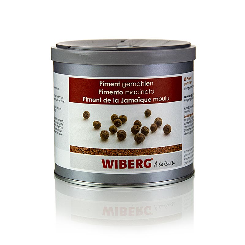 Bild eines 230 g Wiberg gemahlenen Pimentprodukts mit nelkenähnlichem Geschmack, leichter Pfefferschärfe, süßlichen Noten von Muskat und Zimt, ideal für Backwaren, Terrinen, Marinaden, Wild, Fonds, Suppen, Saucen, Fleisch, Geflügel und Gemüse