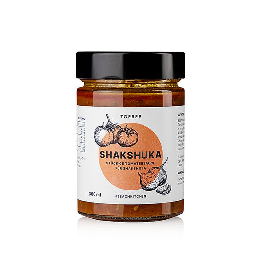 Shakshuka, Tomatensaucenbasis für die Eierspeise, TOFREE-north, 300 ml - Ein leckeres israelisches Nationalgericht, das in einer Pfanne zubereitet wird und mit rohen Eiern in der Sauce serviert wird, zusammen mit frischem Fladenbrot Der Cookie Core von TOFREE ist auf Sylt entstanden und verkörpert das Konzept der täglichen Zufriedenheit und des schönen Zusammenlebens