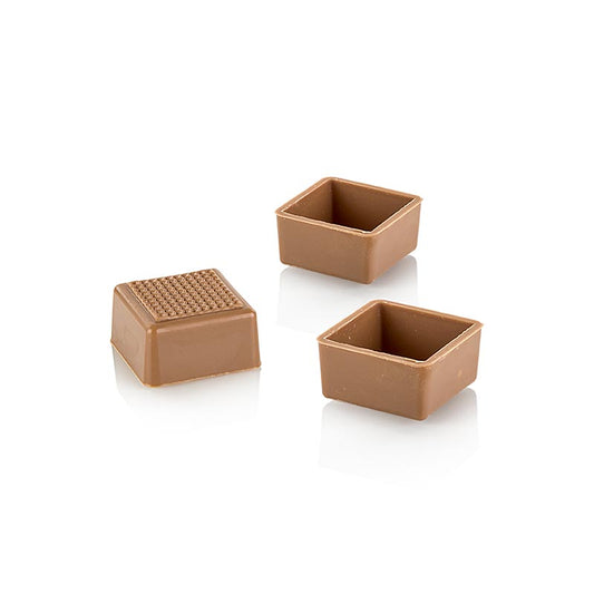 Pralinen-Schalen in Karree-Form, hergestellt aus bester Vollmilchschokolade Geeignet für rationelle Pralinenherstellung mit regelmäßig gegossenen Rohlingen
