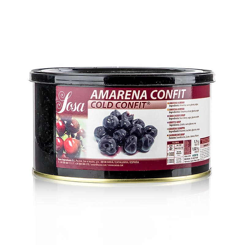 Sosa Cold Confit - Amarena Kirschen, ganz (37206), 1,7 kg: A jar of whole Amarena cherries in syrup, perfect for desserts