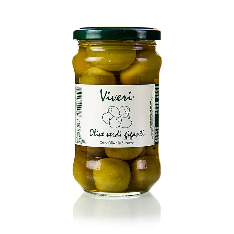 Grüne Oliven mit Kern, Gigante, in Lake, Viveri, 290 g - beliebte mediterrane Delikatesse mit ca 20mm Durchmesser