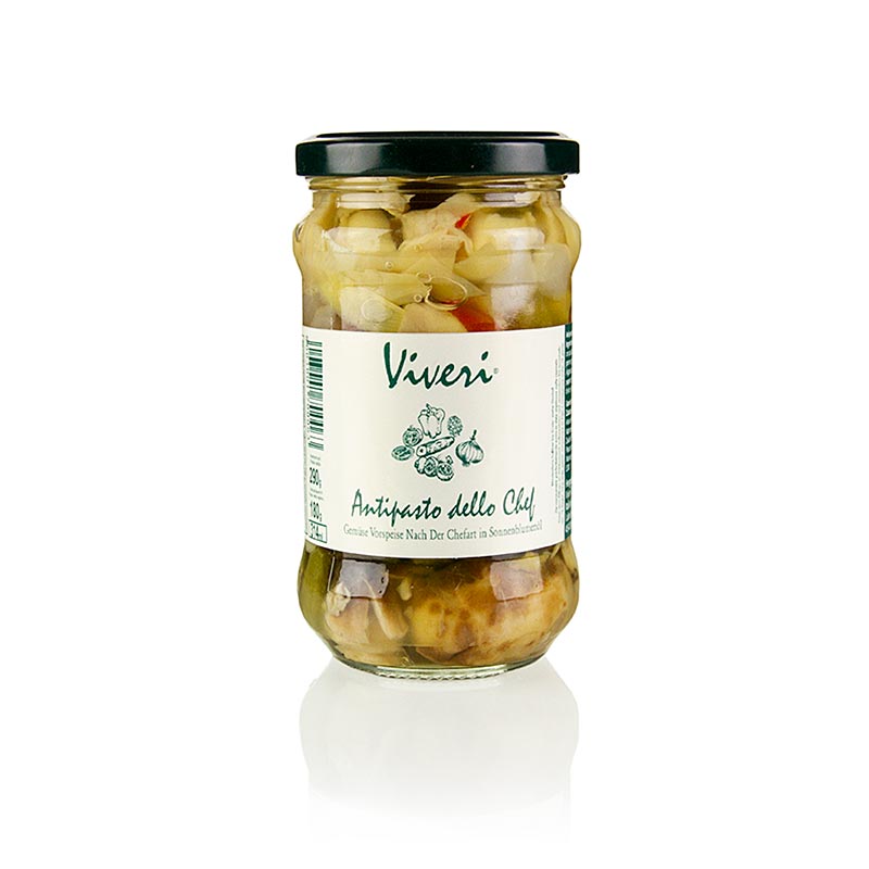 Eingelegte gemischte Antipasti - dello Chef, in Sonnenblumenöl, 290 g: Verschiedene Gemüsesorten mit Gewürzen eingelegt, perfekt für mediterrane Vorspeisenplatten