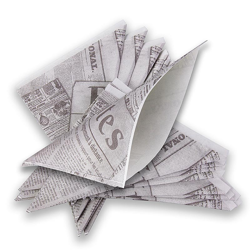 Einweg Snack Fish & Chips-/Pommes Frites-Tüten, mit Zeitungspapierdruck, 14cm, 2200 St - Fett- und lebensmittelunbedenkliche Tüten für typisches Streetfood wie fish & chips, im Stil von Zeitungspapier