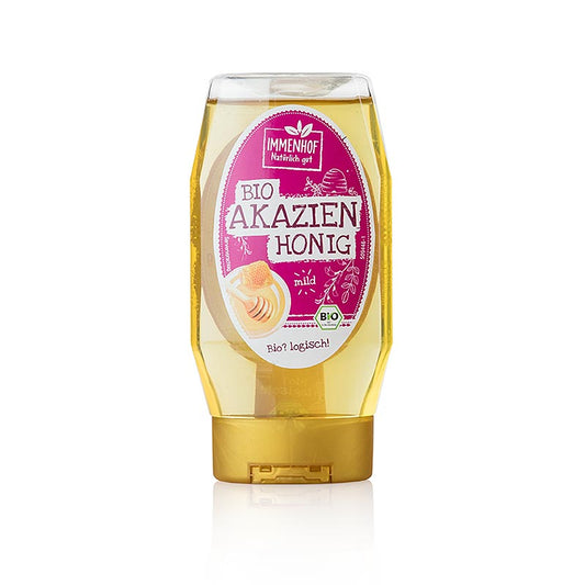 Bio-Akazienhonig in einer praktischen Squeezeflasche von Breitsamer Immenhof, mild und fein im Geschmack, perfekt zum Süßen von Tee oder als Brotaufstrich, 350 g Inhalt