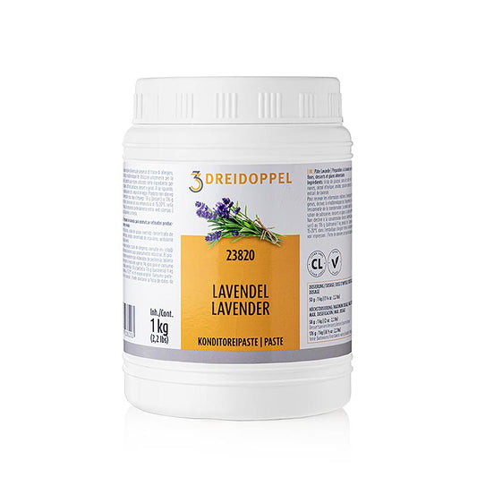 Aromatische Lavendel-Paste von Dreidoppel, No238, ideal zum Aromatisieren von Cremes, Sahne, Eis, Desserts, Pralinen, Kuchen und Gebäck, mit Aromaextrakten, natürlichen Aromastoffen, Weißweinpulver, Kaffeeextrakt, Karamell, Weinbrand, Haselnüssen, Glukose- und Invertzuckersirup
